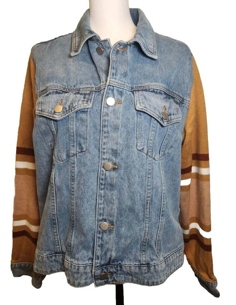 Roolee Denim Med Blue Jacket Sweater Knit Striped Back Sleeves Tan Brown Size M